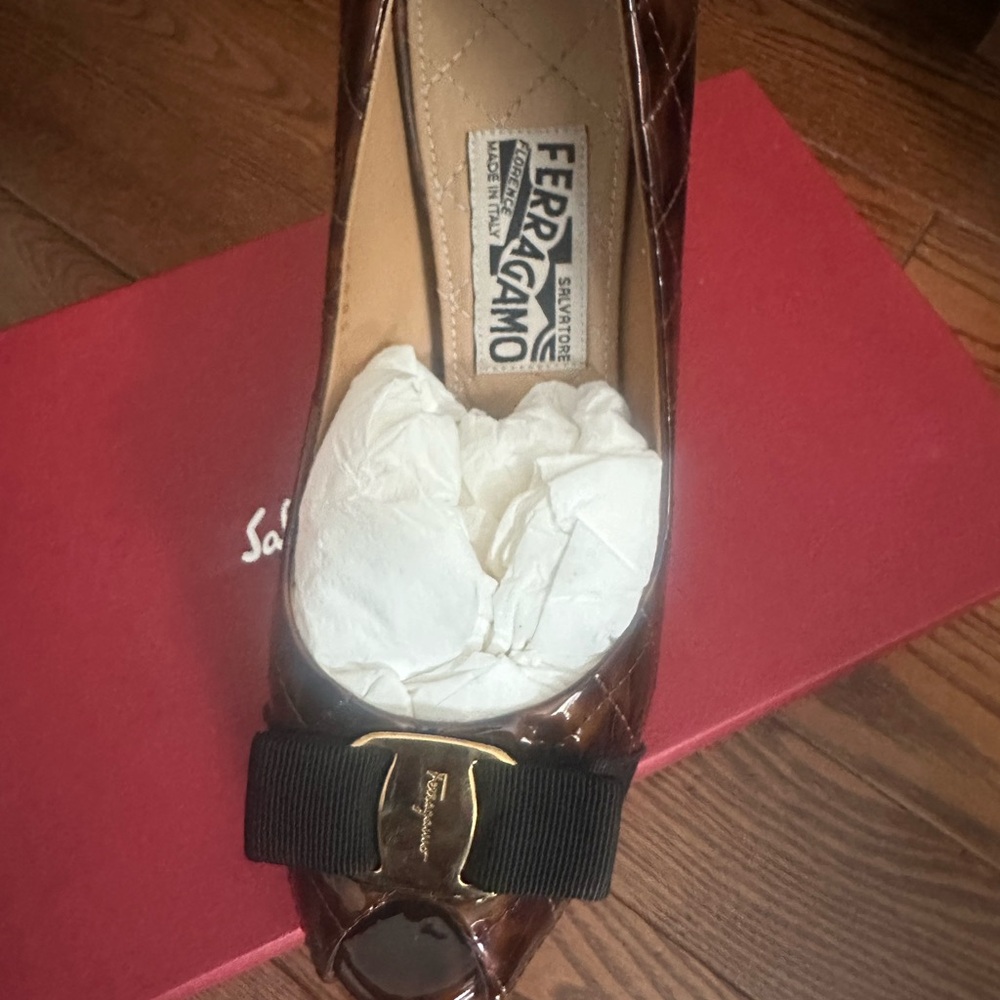 Salvatore Ferragamo Brown Patent Leather Heels with Black Bow
